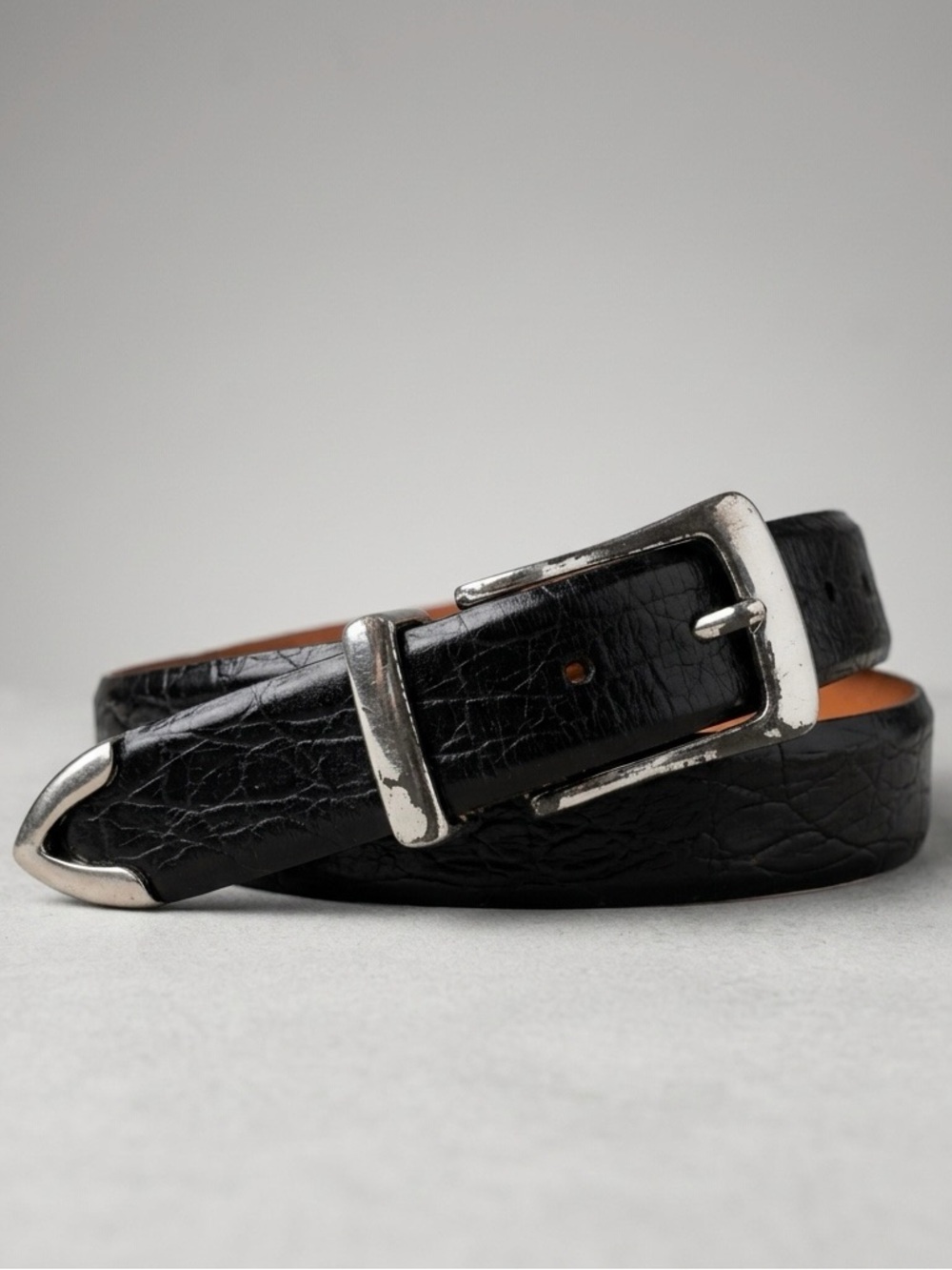 Martin Dingman Black Crocodile Grain Italian Calfskin Belt with Silver Tip